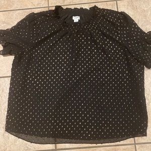 J. Crew black  top with gold shimmer polka dots. Ruffle neck & sleeves XL